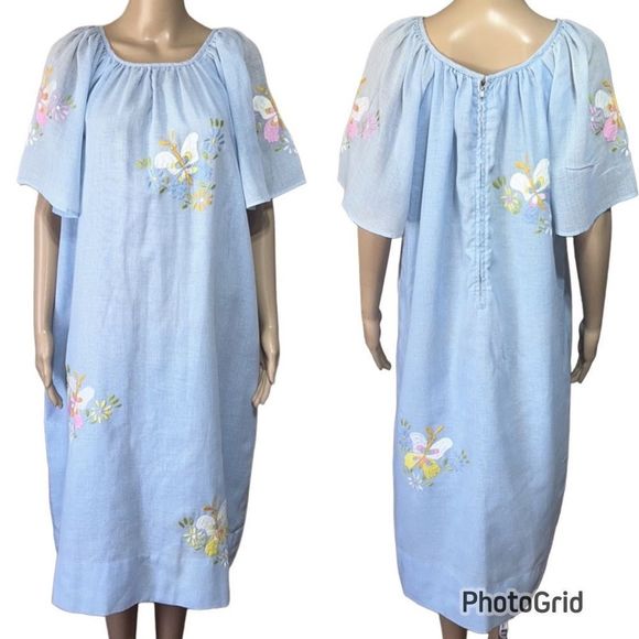 Vintage 40s 50s blue handcrafted embroidered linen Mexican shift dress mod sz XL - Picture 2 of 12